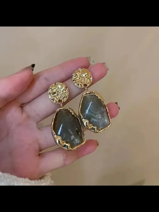 Gold And Gray-Tones Drop Earrings with Smoky Gray Stones - Picture 2 of 3